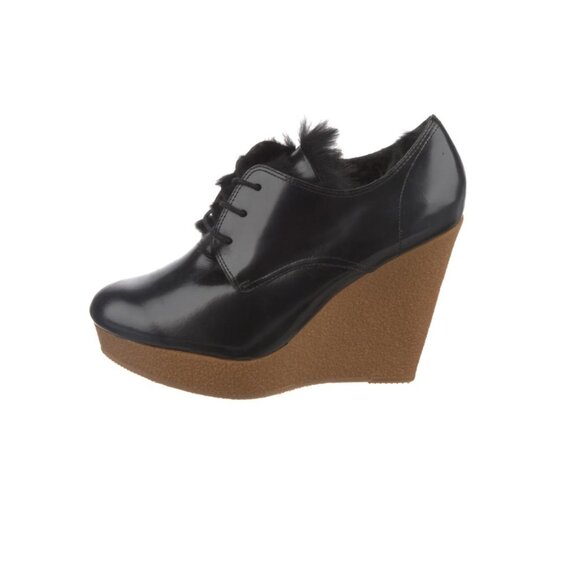 3.1 PHILLIP LIM Black Leather Fur Trim Wedge Platform Pumps Size 10 - Picture 1 of 11